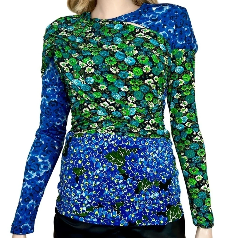 ZARA Patchwork Floral Blouse Top Keyhole Neckline Ruched Draped Cape Sleeve NWOT - Picture 4 of 16